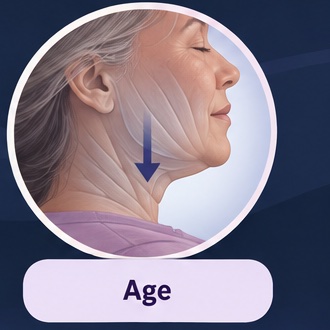 Older woman in profile with an illustration of neck tissues.