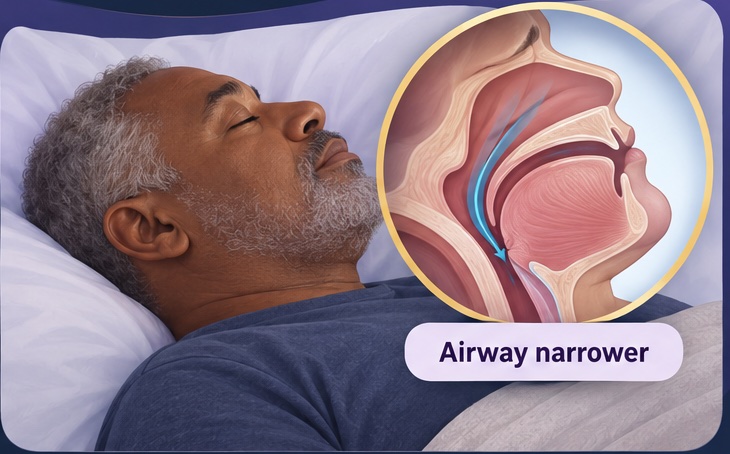 Man sleeping on his back with an inset showing a narrower upper airway.