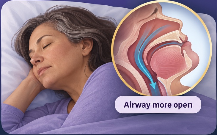 Woman sleeping on her side with an inset showing a more open upper airway.