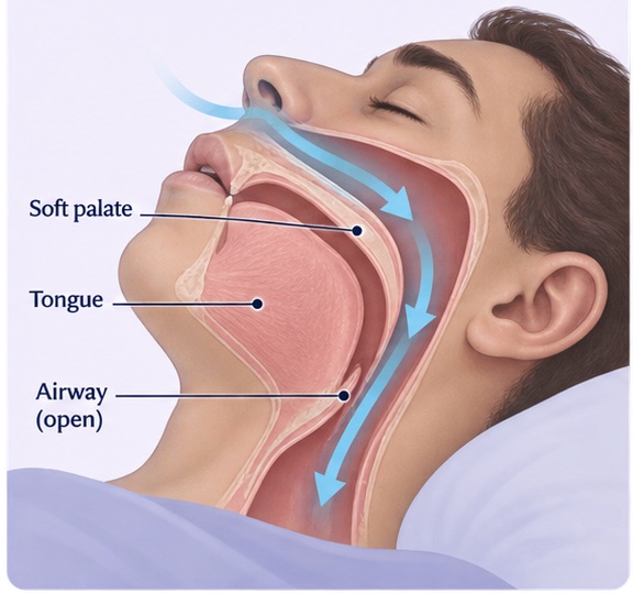 Side-view airway illustration showing air moving freely through an open upper airway.