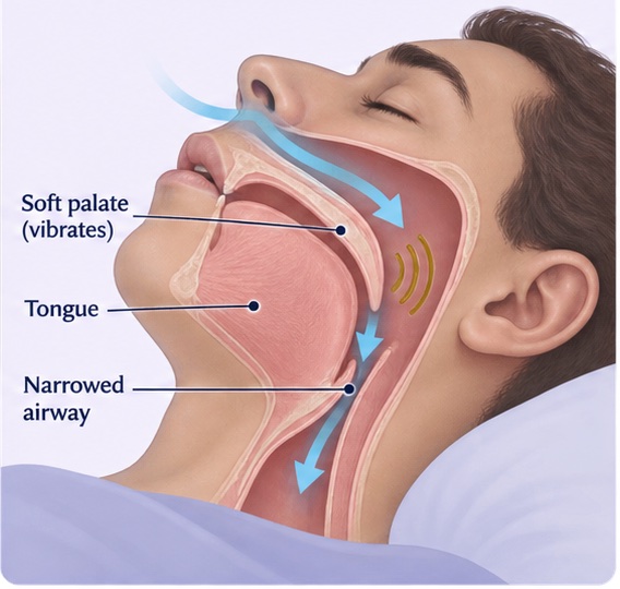 Side-view airway illustration showing restricted airflow and soft-palate vibration in a narrowed upper airway.