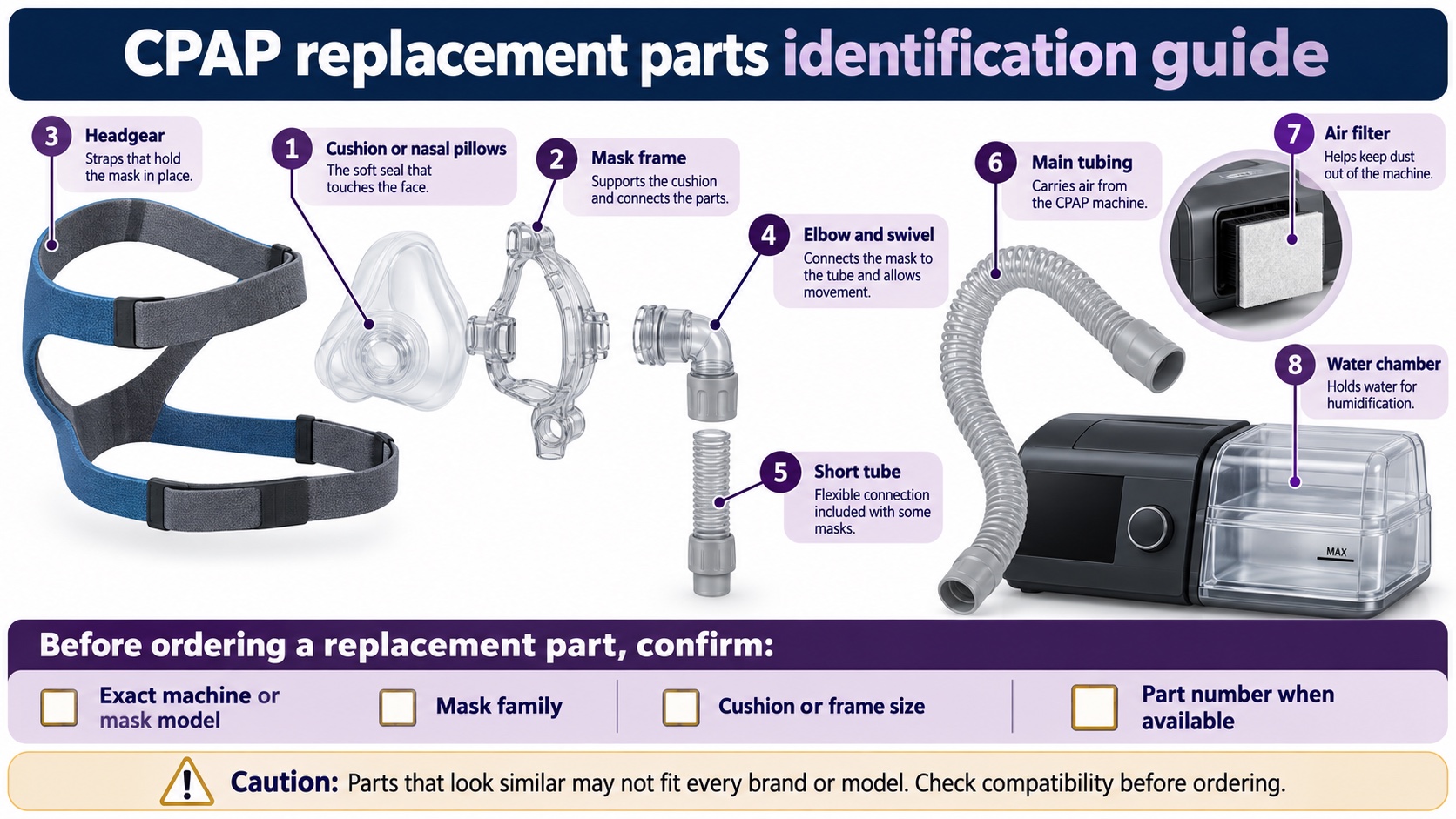 An identification guide to CPAP cushions, mask frames, headgear, elbows, tubing, filters and water chambers.