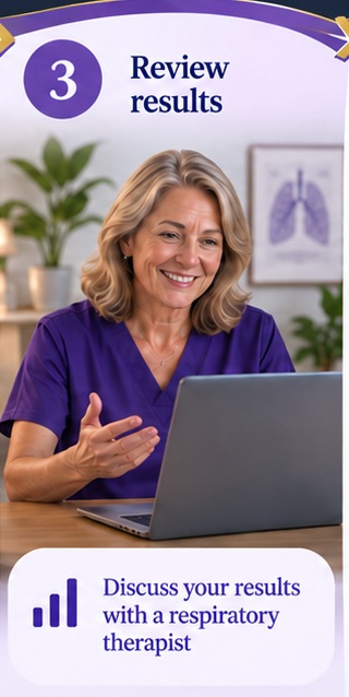 Female respiratory therapist reviewing results during a virtual consultation.