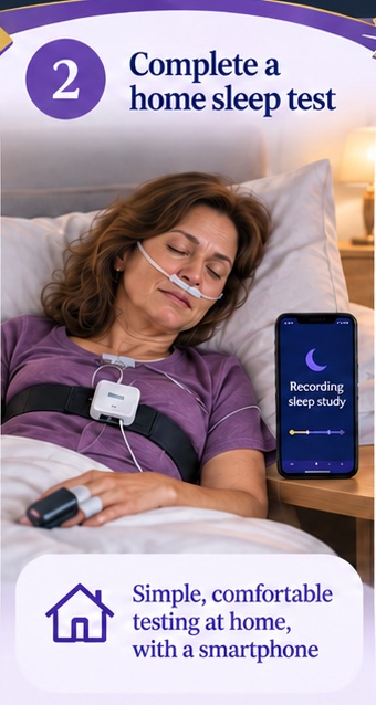 Woman completing a home sleep test with a required smartphone recording beside her.