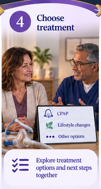 Two adults discussing CPAP, lifestyle changes and other treatment options.