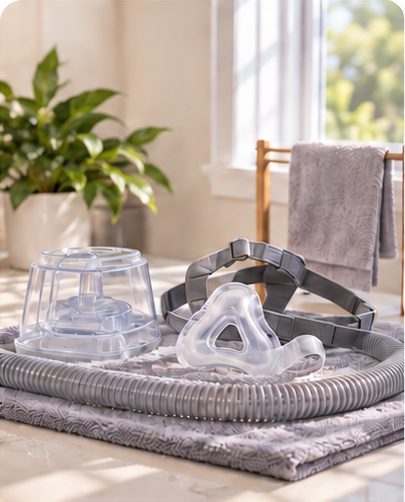 Clean CPAP mask, tubing and water chamber air drying on a towel.