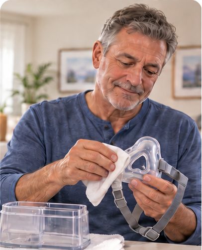 Man wiping a CPAP mask cushion beside an empty humidifier water chamber.