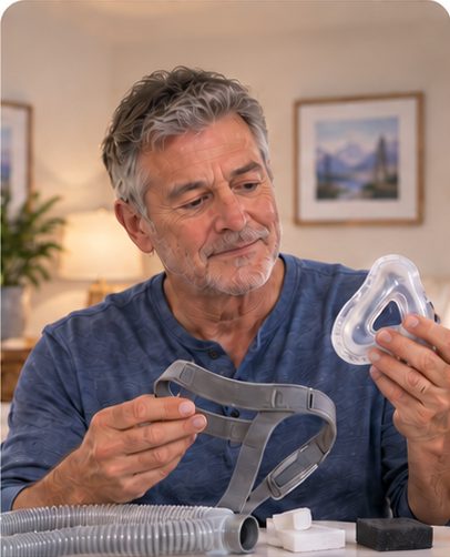 Man inspecting a CPAP cushion and headgear for signs of wear.
