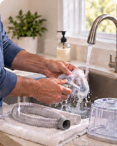 Hands washing CPAP mask parts and tubing with mild soap and water.
