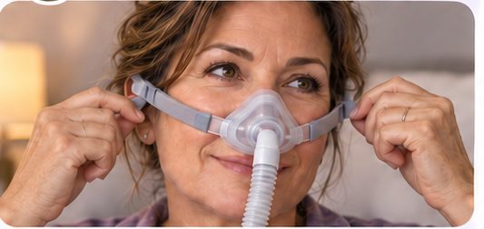 Woman making small, even adjustments to both sides of her CPAP headgear.
