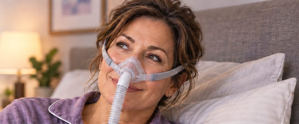 Woman resting comfortably in bed while wearing a nasal CPAP mask.
