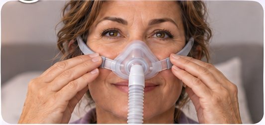 Woman gently re-seating the cushion of a nasal CPAP mask.