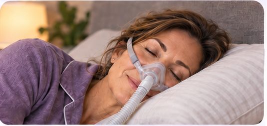 Woman sleeping on her side with a CPAP mask and hose positioned comfortably.