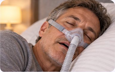 Man sleeping with his mouth open while wearing a nasal CPAP mask.