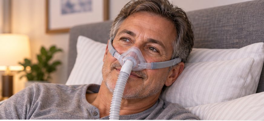 Man resting in bed while wearing a nasal CPAP mask.