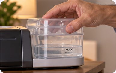 Hand checking the water chamber on a generic CPAP machine.