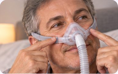 Man checking the seal around his nasal CPAP mask cushion.