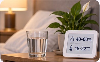 Glass of water beside a display showing bedroom humidity and temperature.