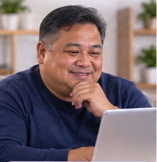 Filipino man reviewing insurance information on a laptop.