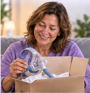 Woman opening a shipment containing a replacement CPAP mask.
