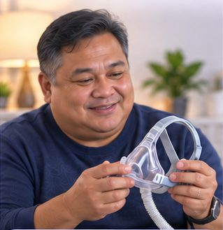 Filipino man examining a replacement CPAP mask.