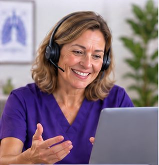 Female respiratory therapist meeting virtually with a patient.