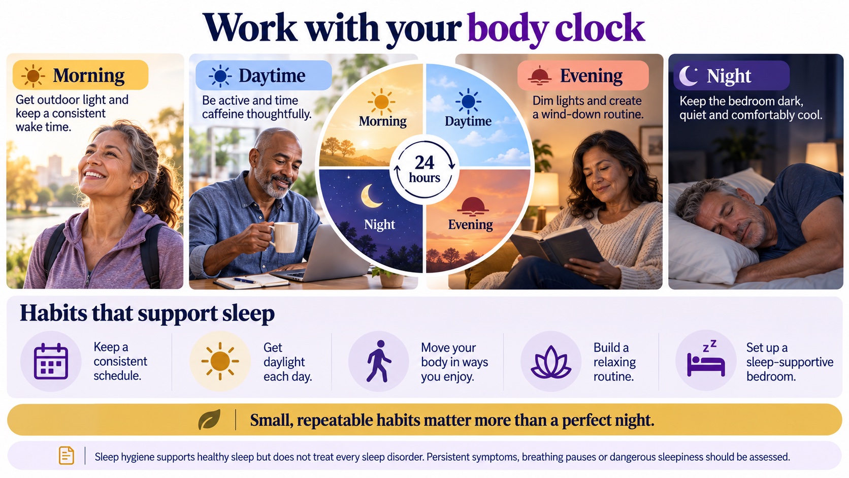 Twenty-four-hour sleep routine showing useful morning, daytime, evening and nighttime habits.