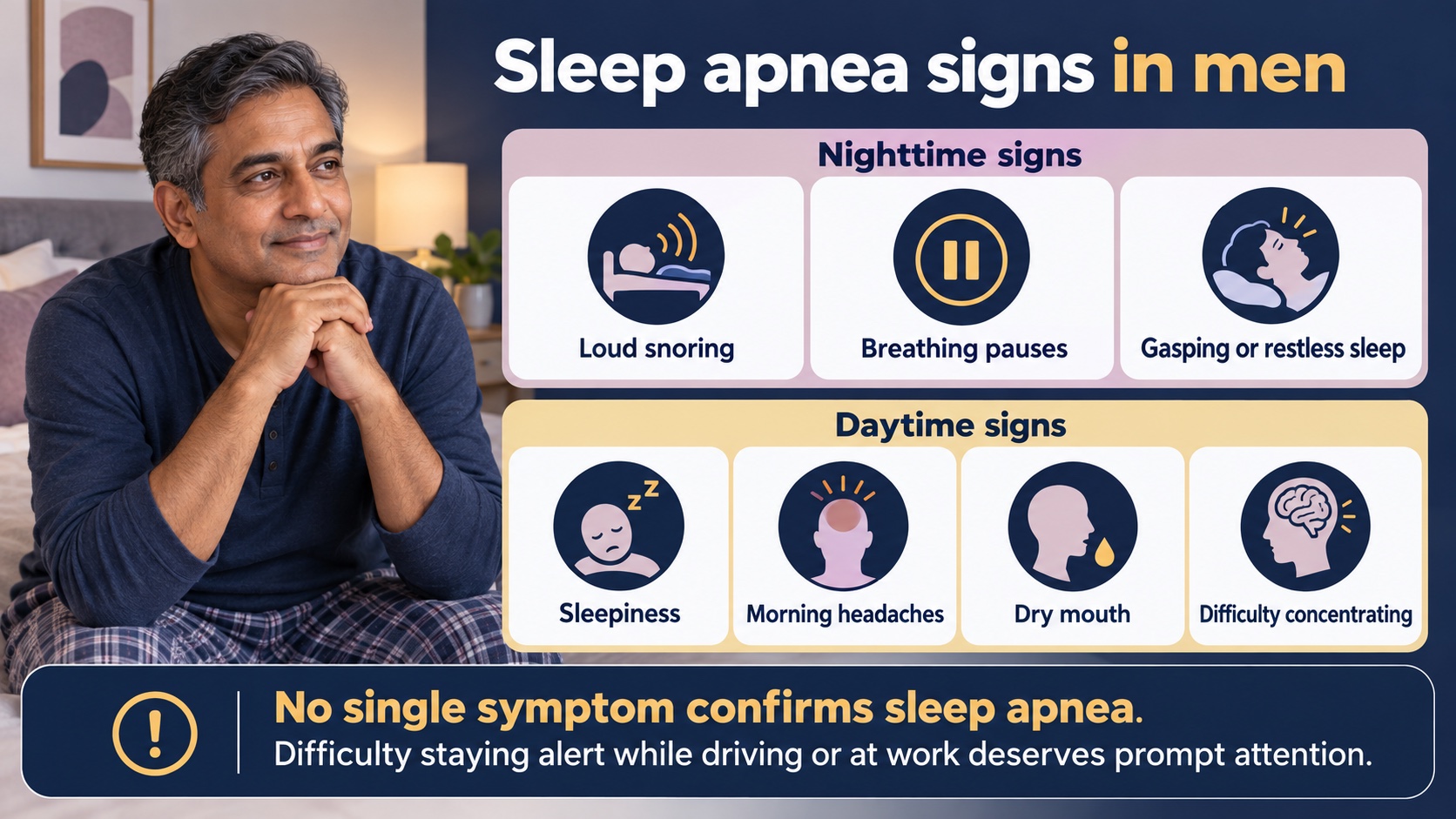 Common and less obvious signs of sleep apnea in men.