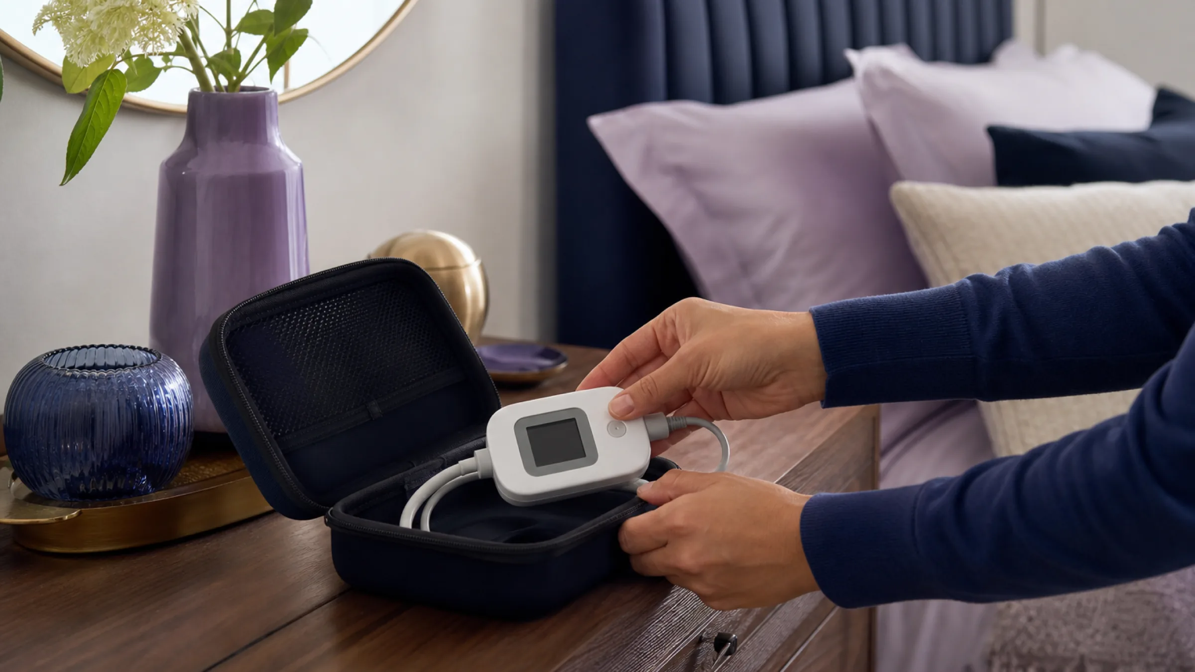 Compact travel CPAP machine being packed into its carry case for a trip