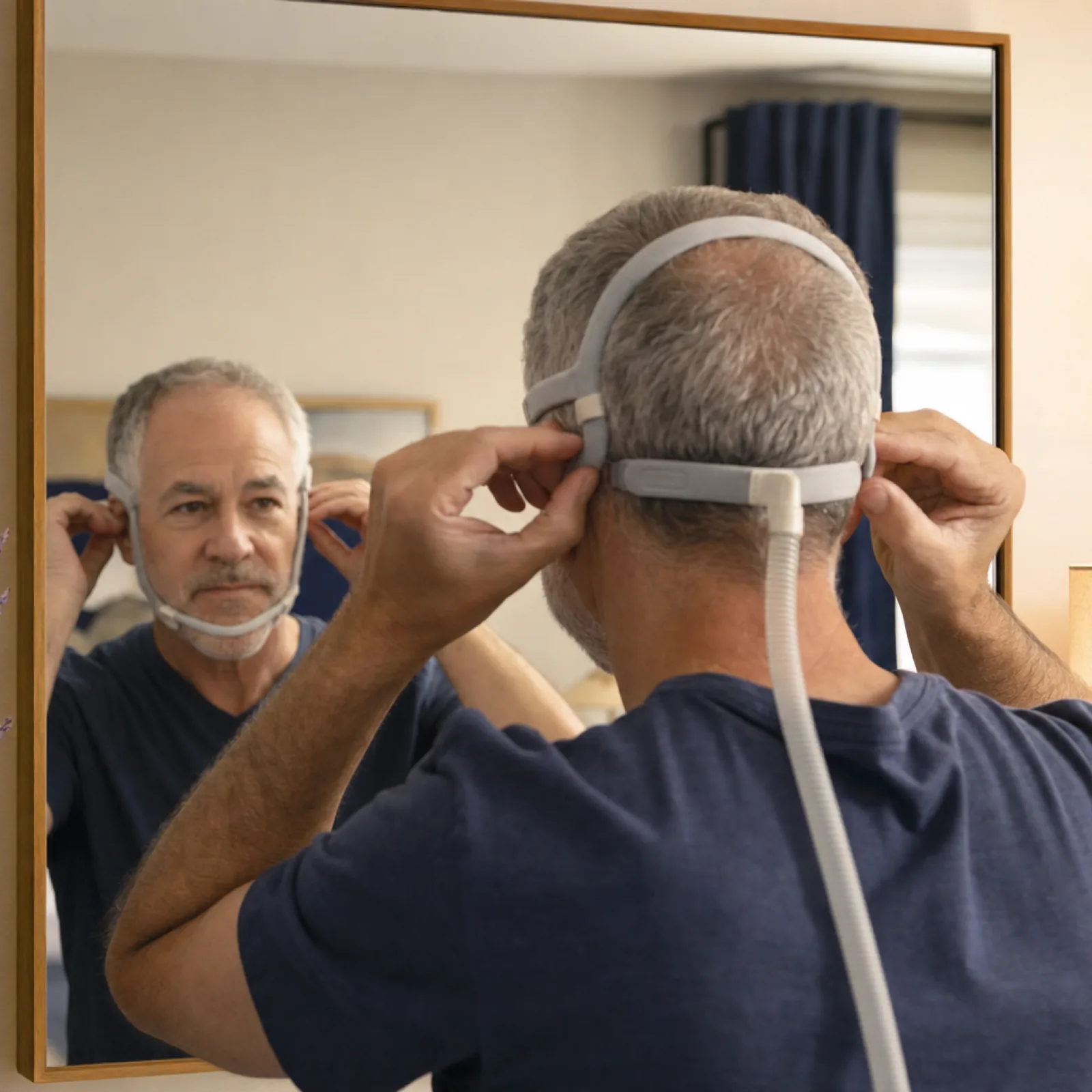 Man checking the fit and headgear of his CPAP mask in a mirror