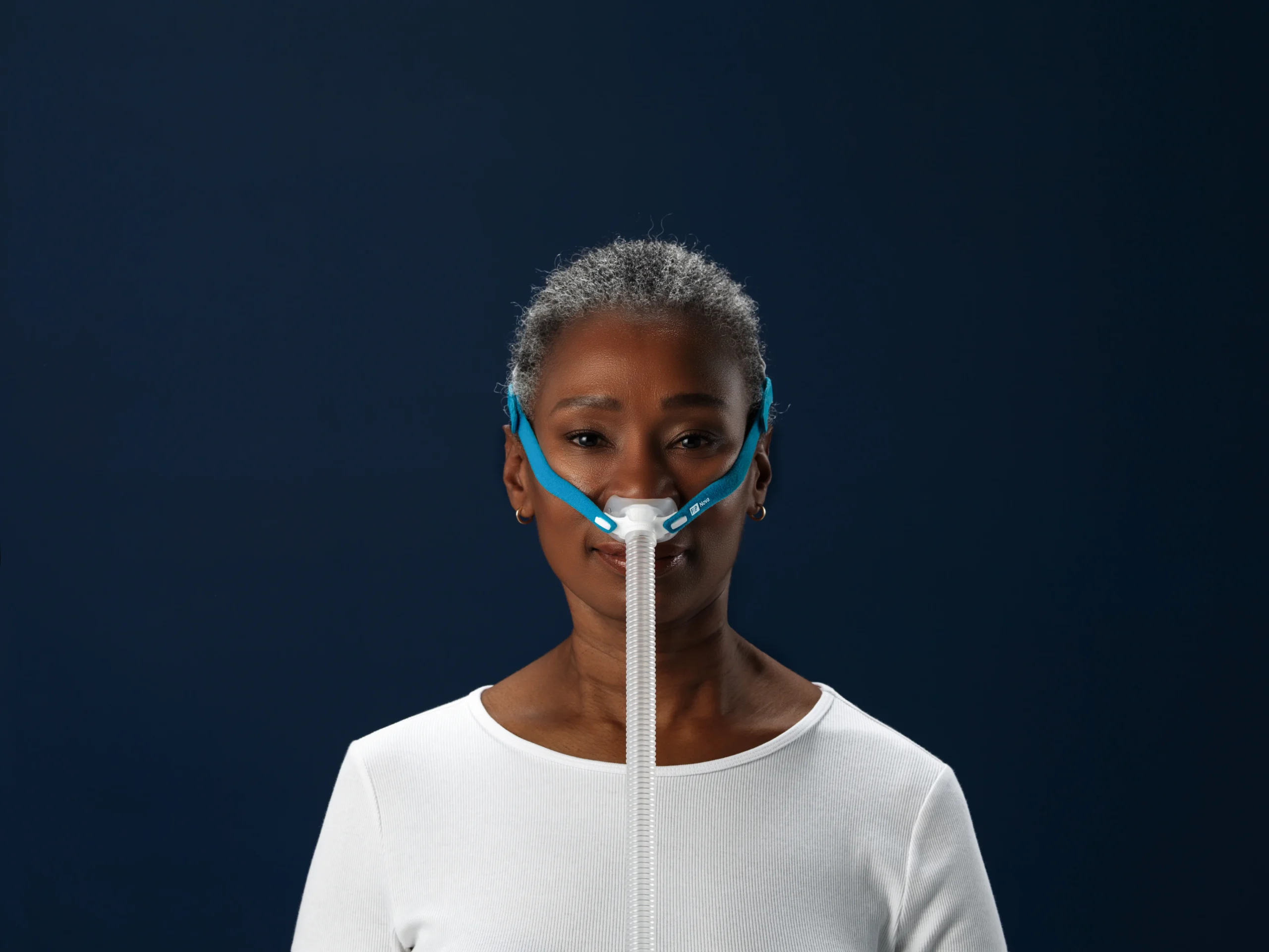 F&P Nova Micro Nasal Pillows Mask — in-use view