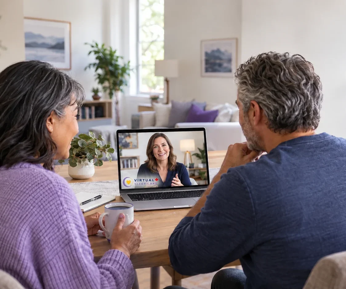 A couple speaks with a sleep-health professional on a Virtual Sleep Care video call, with a CPAP machine on the table.