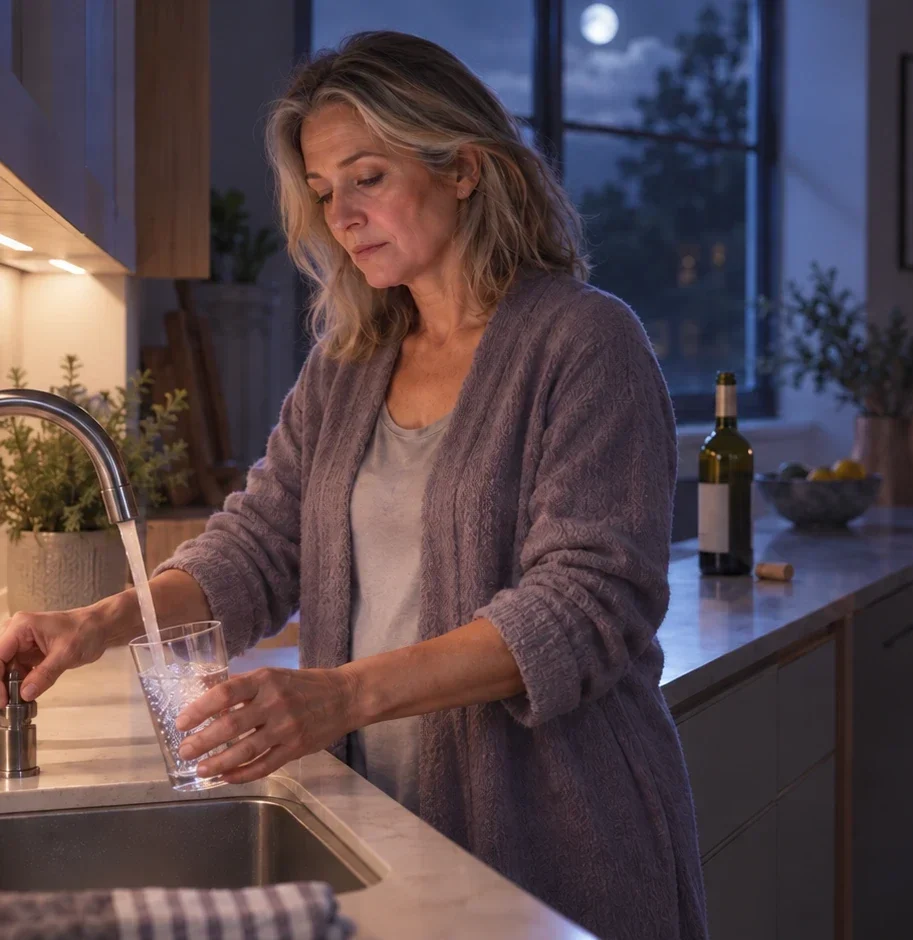 Woman filling a glass of water in a kitchen at night, with a wine bottle in the background