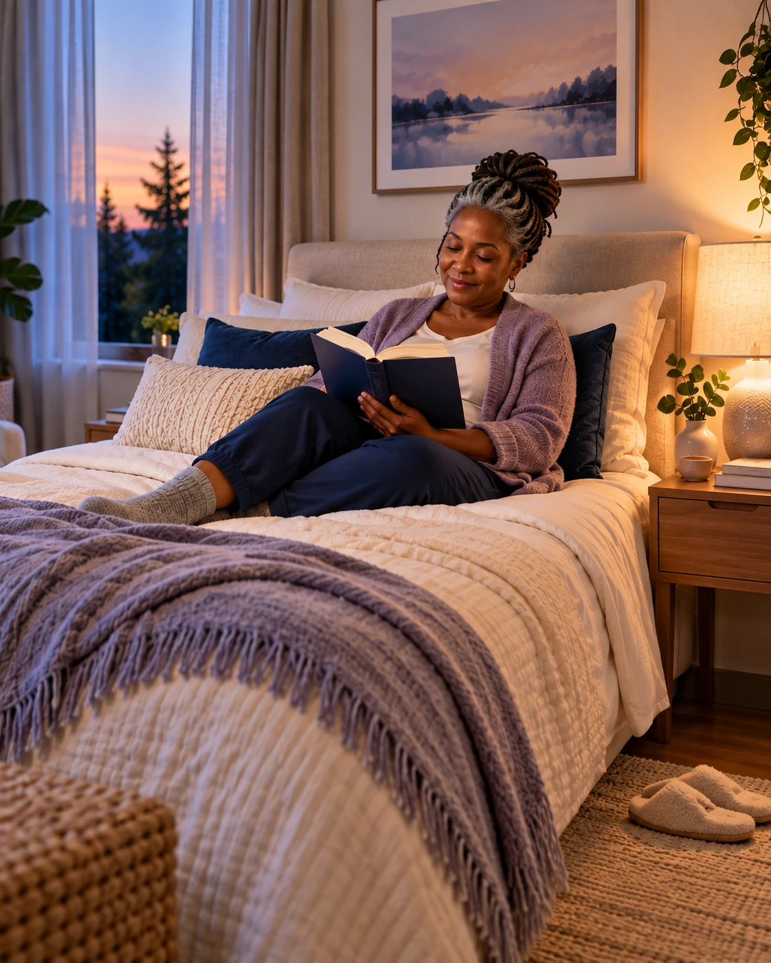 A woman reads in bed in a softly lit bedroom with comfortable bedding and a clear bedside walkway.