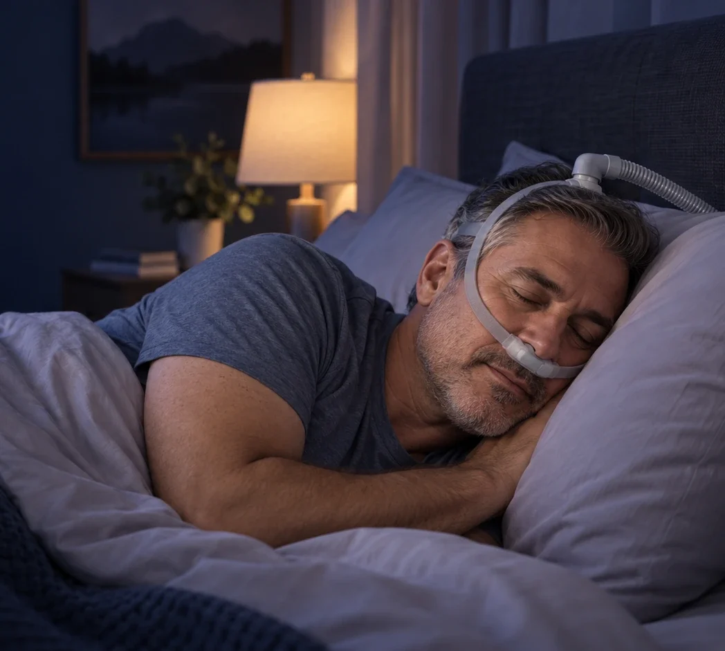 Man sleeping on his side while wearing a nasal CPAP mask with a top-of-head hose connection.