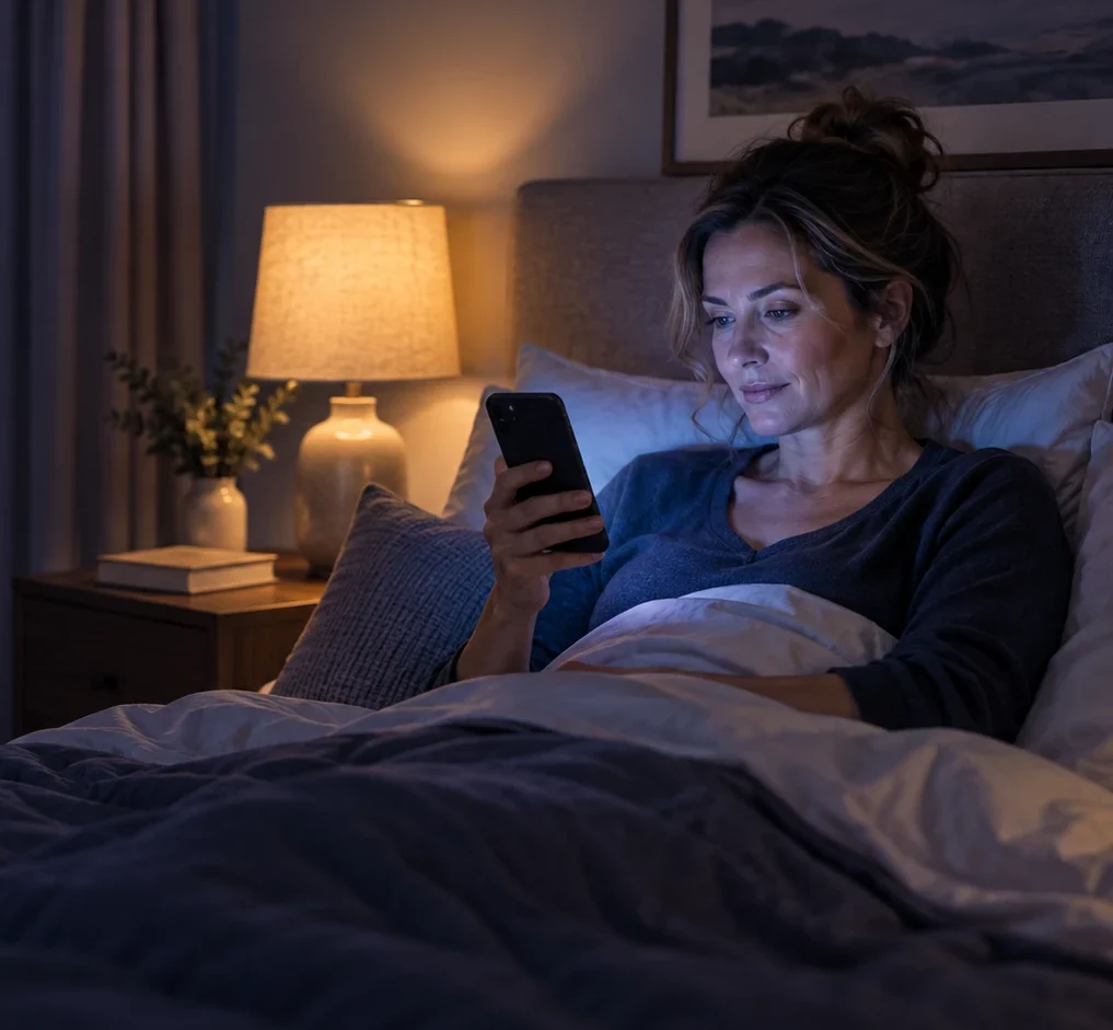 Woman using a smartphone in bed at night, with screen light on her face and a bedside lamp on.