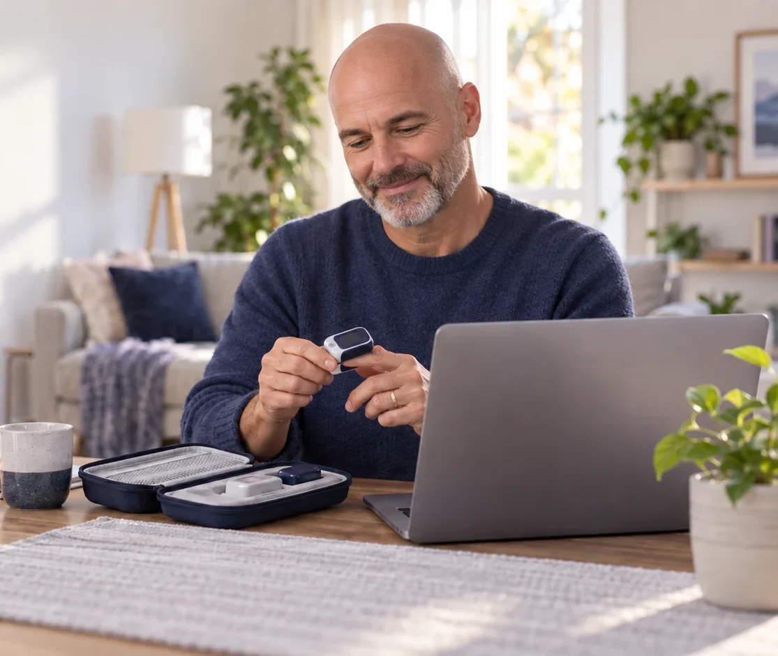 Bald man at home examining a fingertip sleep test sensor beside its kit and a laptop.
