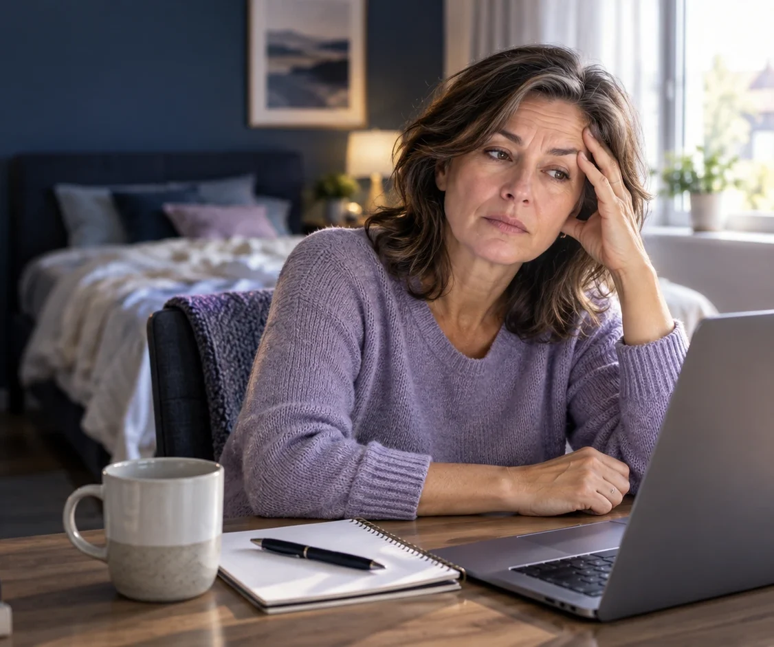 Woman looking tired while working at a laptop, with a bed in the background