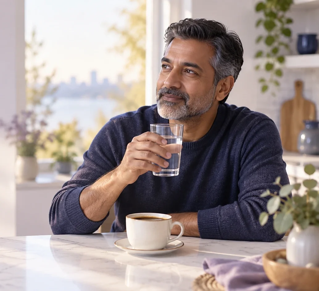 Man holding a glass of water beside a cup of coffee in daylight.