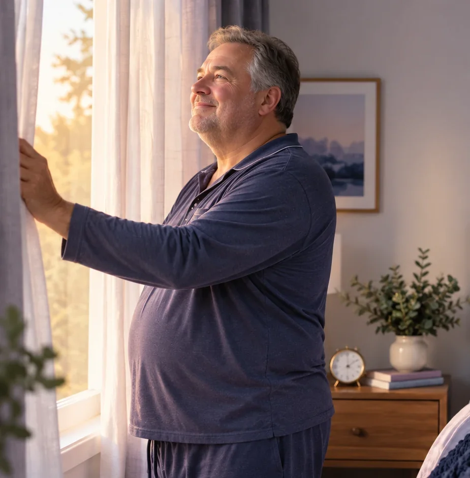 Man opening his bedroom curtains to let in morning light, with an alarm clock on the bedside table.