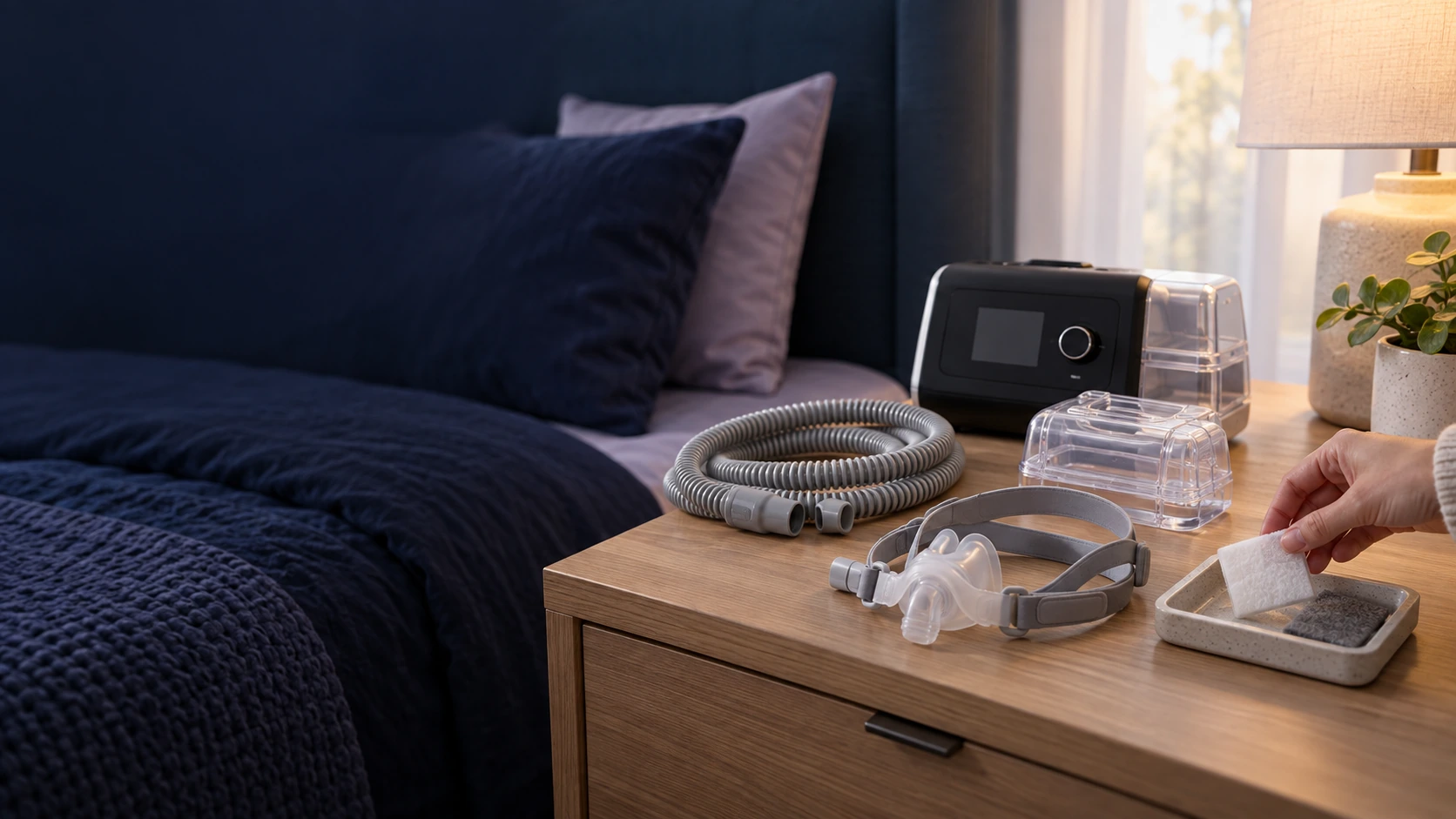 CPAP machine beside tubing, a nasal mask, water chamber and filters on a bedside table