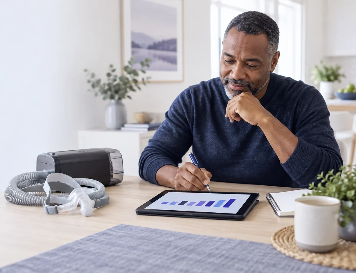Man reviewing a CPAP usage chart on a tablet, with a CPAP machine and mask nearby.