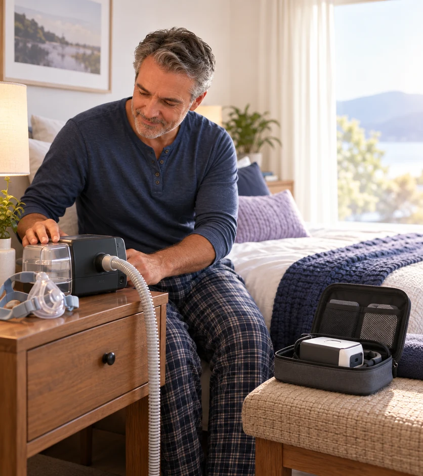Man examining a bedside PAP machine, with a smaller travel device in an open case nearby.