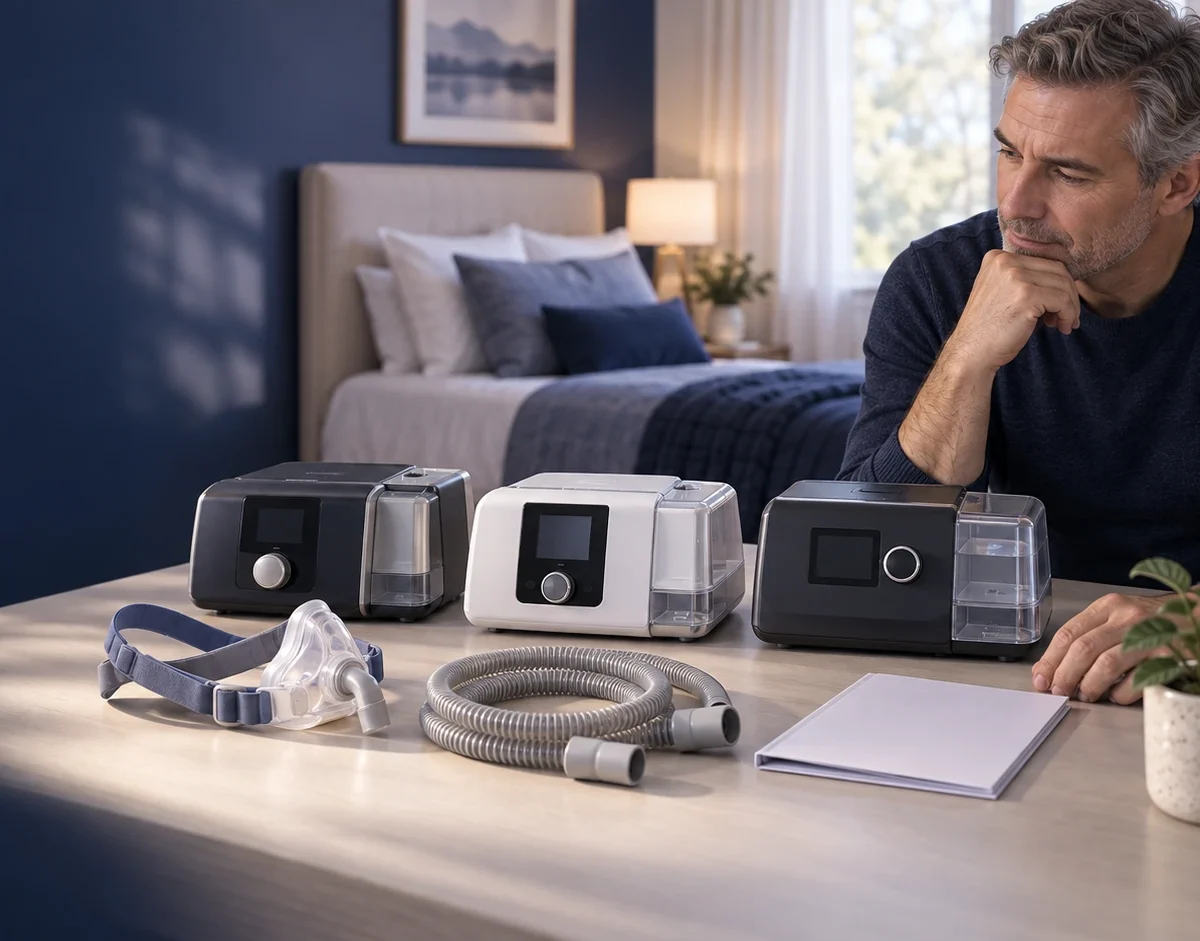 Man comparing three CPAP machines, with a mask and tubing laid out on the table.