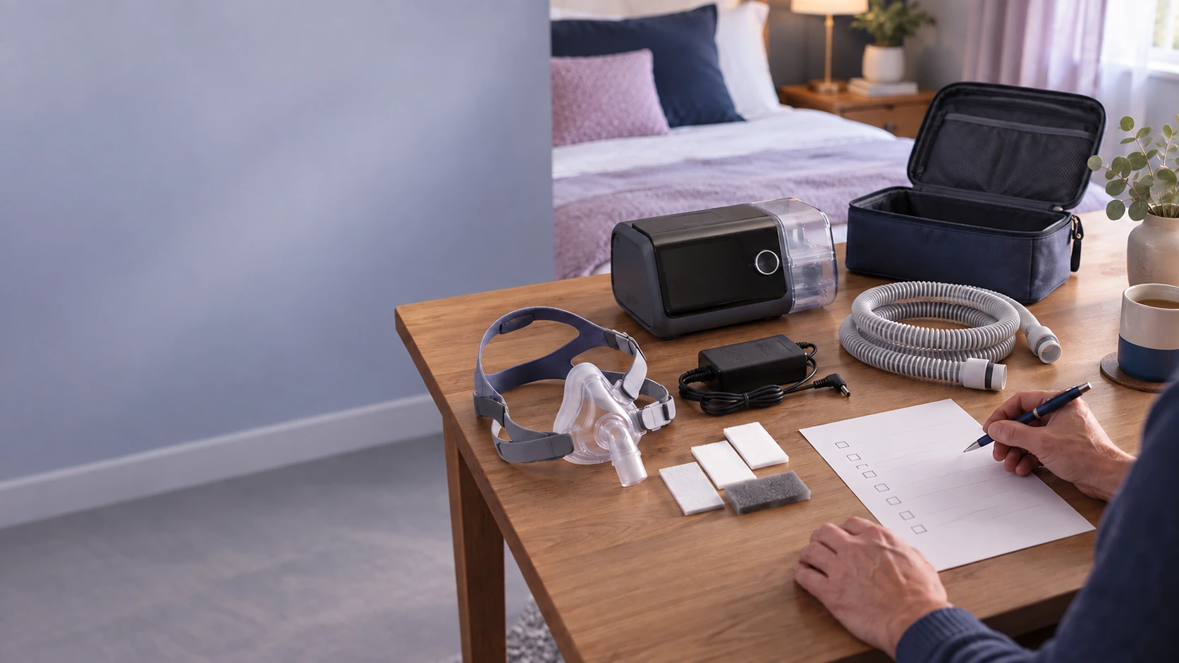Person reviewing a checklist beside a CPAP machine, mask, tubing, filters, power supply and carrying case.