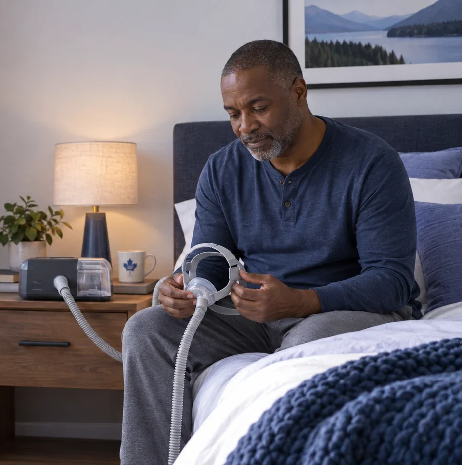 Man sitting on a bed examining a CPAP mask connected to a machine on the bedside table.
