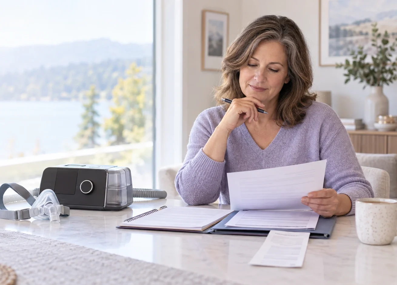 Woman reviewing CPAP purchase paperwork beside a CPAP machine and mask