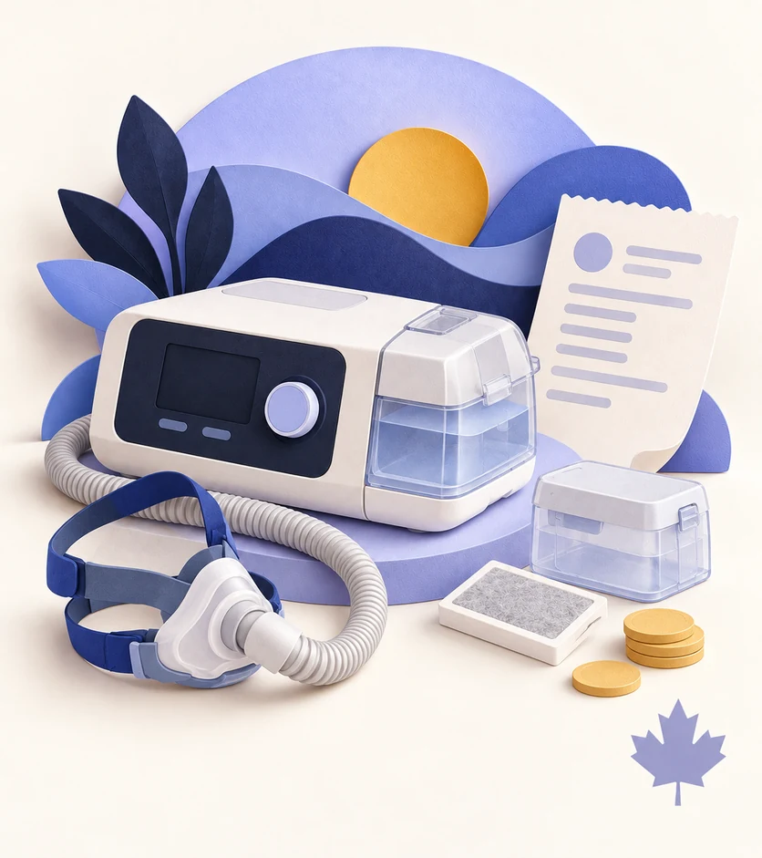 Paper-cut illustration of a CPAP machine, mask, replacement supplies, receipt and coins.
