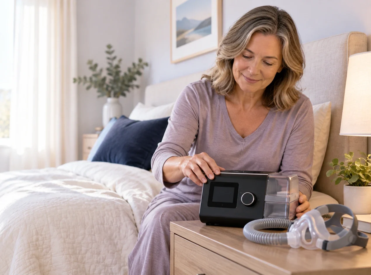 Woman setting up a CPAP machine on a bedside table, with a mask and tubing nearby.