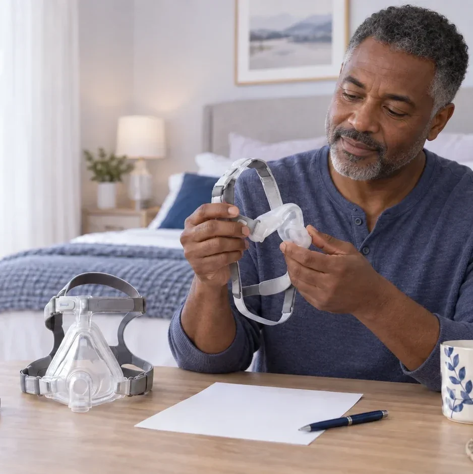 A smaller nasal CPAP mask beside a larger full-face CPAP mask on a table.